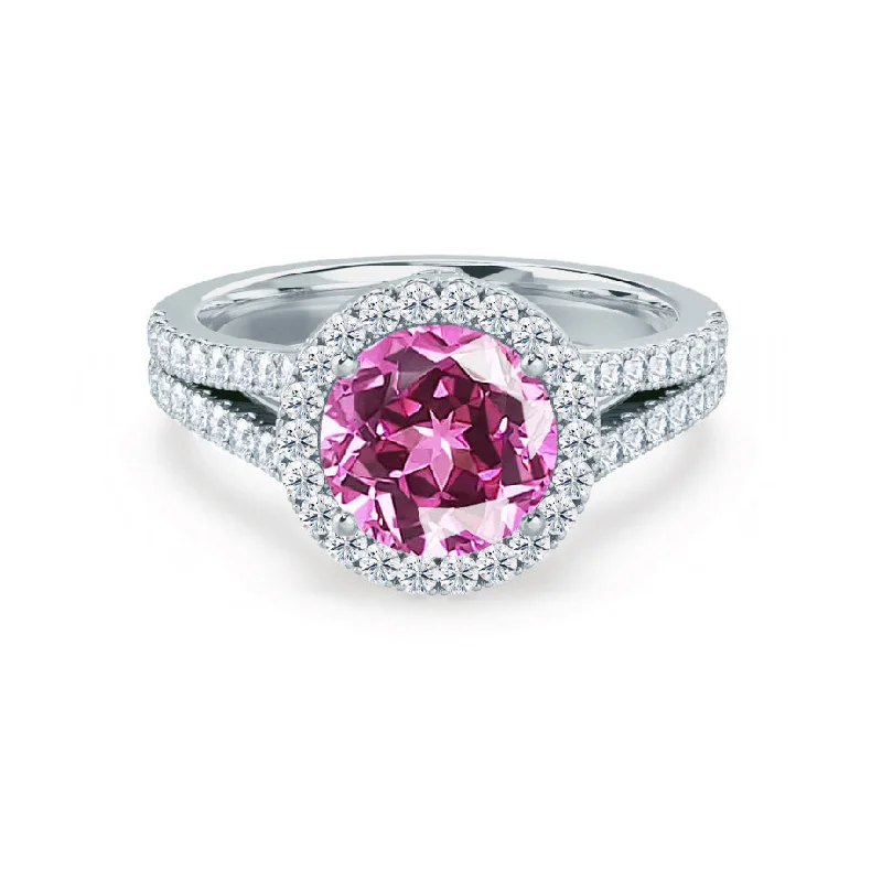 cushion-cut diamond engagement rings-AMELIA - Chatham® Lab Grown Pink Sapphire & Diamond 18k White Gold Halo Ring