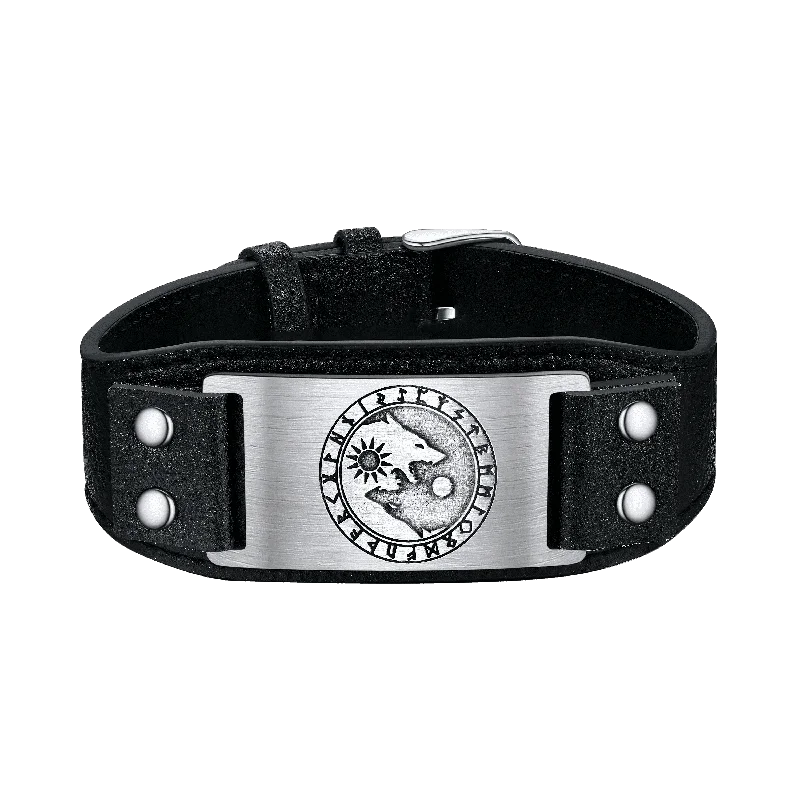 handmade bangle bracelets for women-Viking Nordic Wolf Black Leather Bracelet Wristband for Men