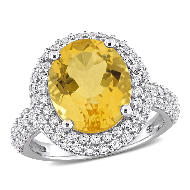 engagement ring with diamond side stones-Mimi & Max 5 5/8ct TGW Oval-Cut Citrine and White Topaz Double Halo Ring in Sterling Silver