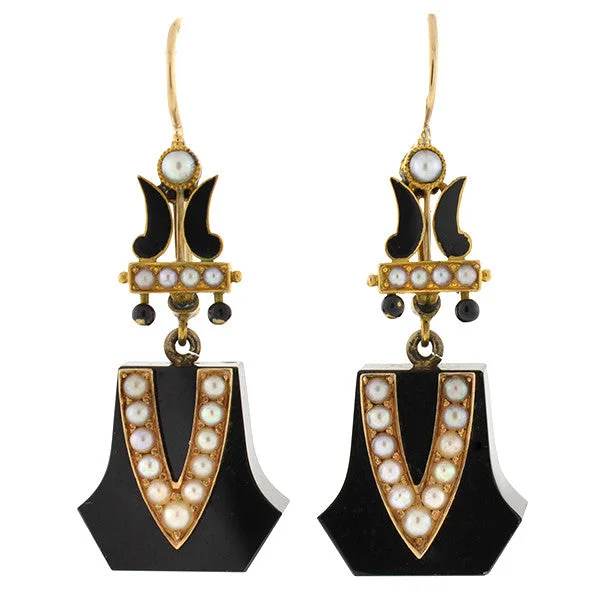 rhinestone earrings for women-Victorian 15kt Onyx, Seed Pearl & Enamel Earrings