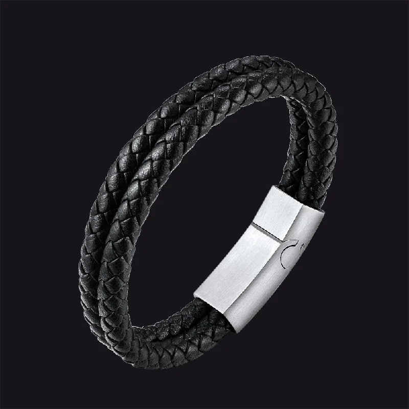 luxury charm bracelets for women-Engraved Custom Double Black Braided Leather Bracelet Cuff for Men Son