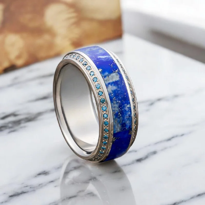 wedding rings for women-HYDRA | Titanium Ring, Blue Lapis Lazuli Inlay with Blue Diamonds