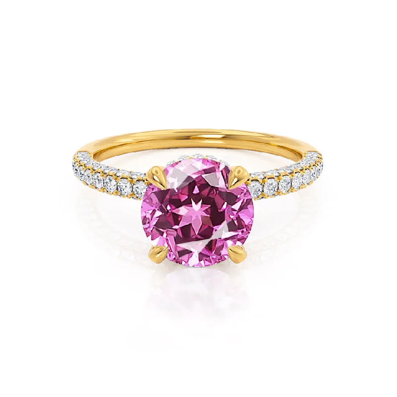 diamond solitaire engagement rings-COCO- Chatham® Round Pink Sapphire & Diamond 18k Yellow Gold Petite Hidden Halo Triple Pavé Shoulder Set Ring