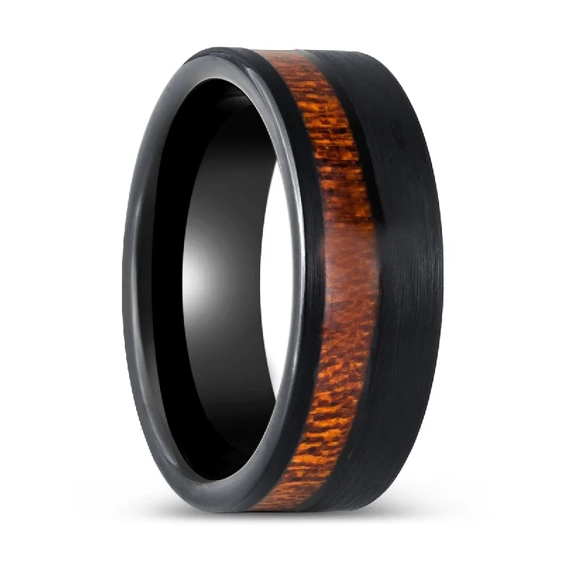 luxury wedding rings for women-ARCHIE | Black Tungsten Ring, Koa Wood and Inlay, Flat