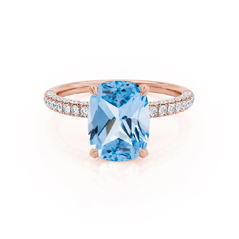 custom design engagement rings-COCO - Chatham® Elongated Cushion Cut Aqua Spinel 18k Rose Gold Petite Hidden Halo Triple Pavé