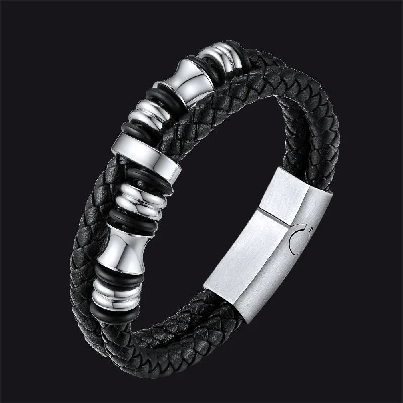 thick bangle bracelets for women-Engraved Black Braided Leather Bracelet Cuff Gift for Men