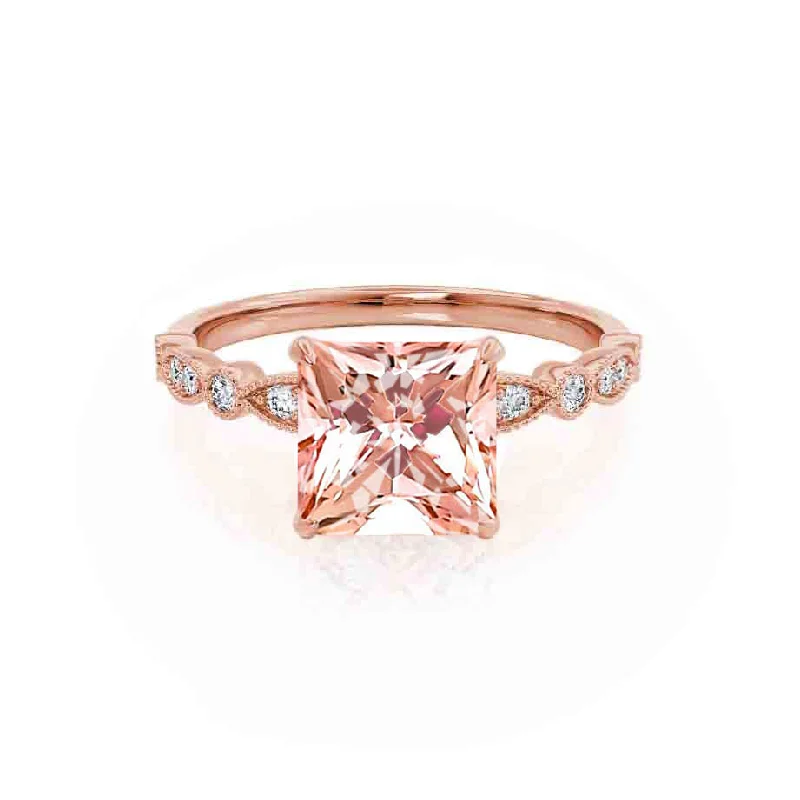 luxurious engagement rings-HOPE - Chatham® Princess Champagne Sapphire & Diamond 18k Rose Gold Vintage Shoulder Set