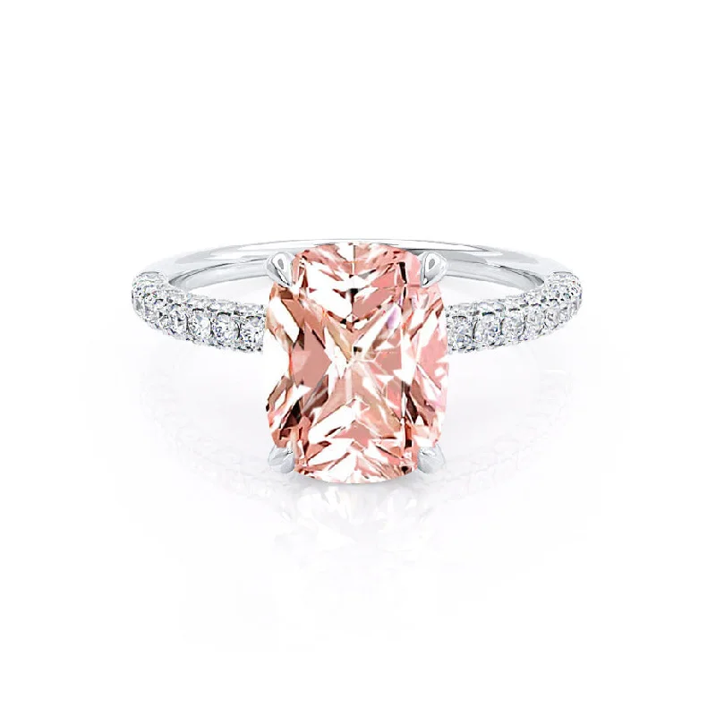 diamond engagement rings with colored stones-COCO - Chatham® Elongated Cushion Cut Champagne Sapphire 950 Platinum Petite Hidden Halo Triple Pavé