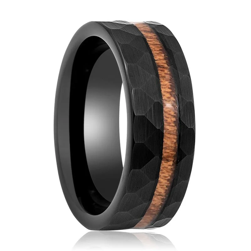 wedding rings for women-INFERNAL | Black Tungsten Ring, Hammered, Koa Wood Inlay, Flat