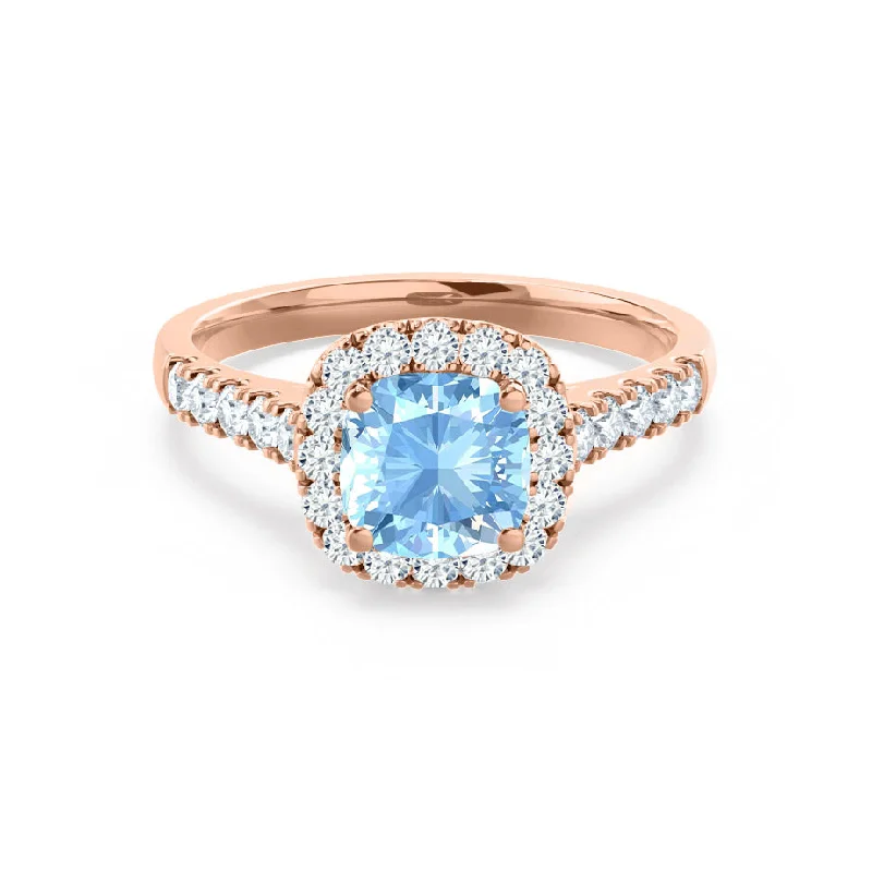 custom engagement rings-OPHELIA - Chatham® Lab Grown Aqua Spinel & Diamond 18K Rose Gold Halo