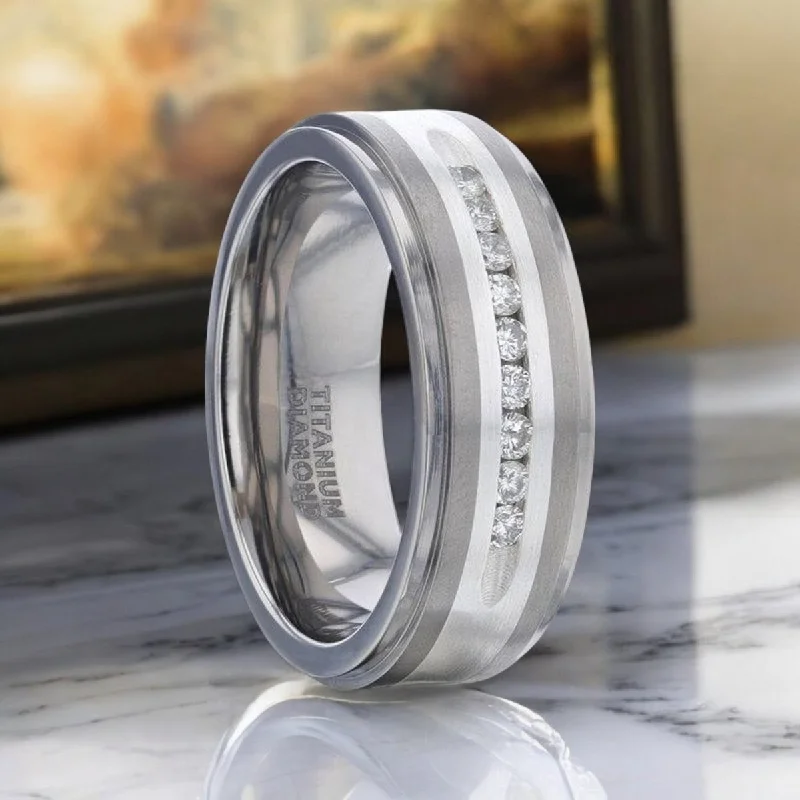 silver wedding rings for women-BOND | Silver Titanium Ring, Sterling Inlay, White Diamonds, Stepped Edge