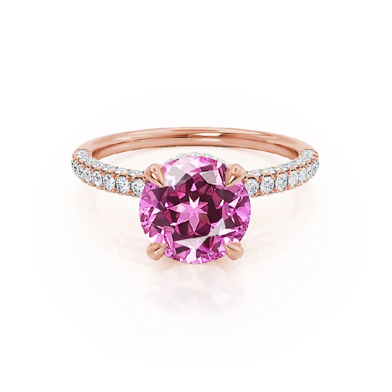 vintage diamond engagement rings-COCO- Chatham® Round Pink Sapphire & Diamond 18k Rose Gold Petite Hidden Halo Triple Pavé Shoulder Set Ring