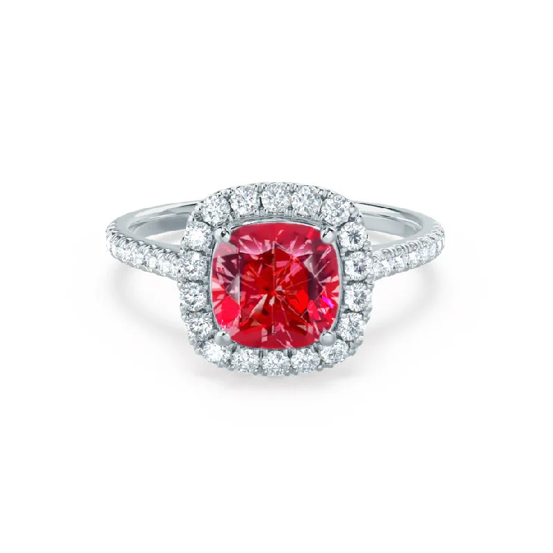 gold engagement rings-VIOLETTE - Chatham® Cushion Ruby & Diamond 18k White Gold Petite Halo Ring