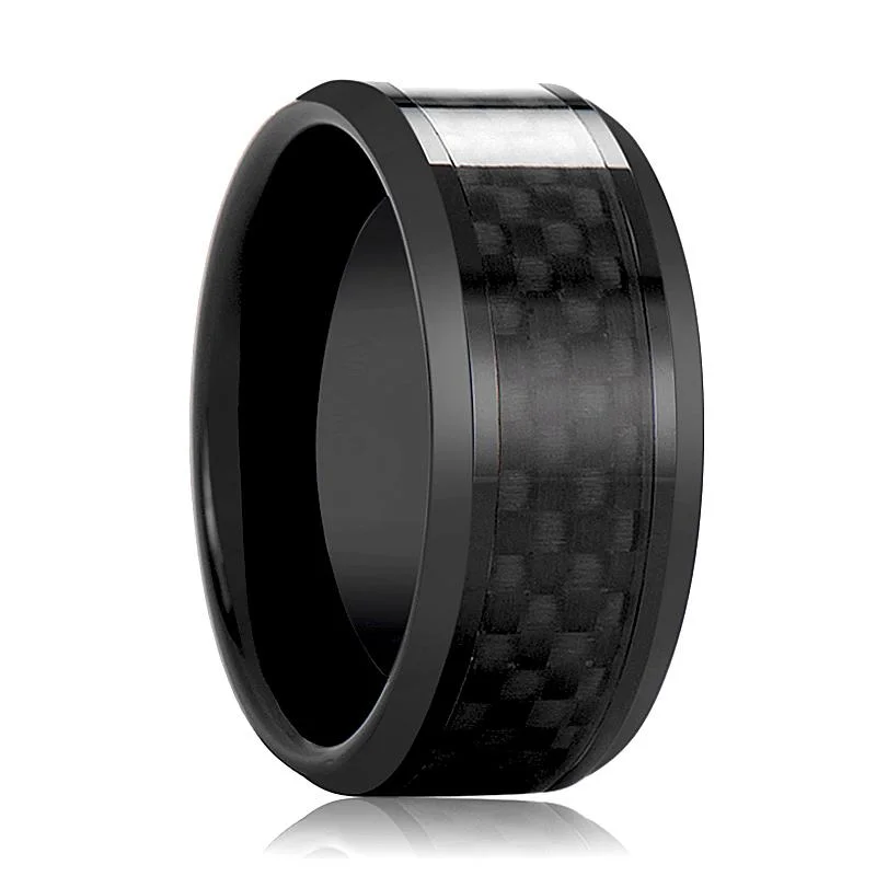 gold stacking rings for women-DAYTONA | Black Ceramic Ring, Black Carbon Fiber Inlay, Beveled