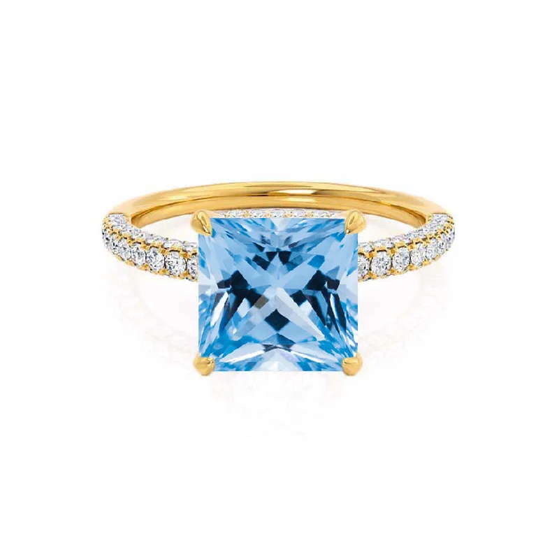 wedding ring sets for engagement rings-COCO - Chatham® Princess Aqua Spinel & Diamond 18k Yellow Gold Hidden Halo Triple Pavé Shoulder Set