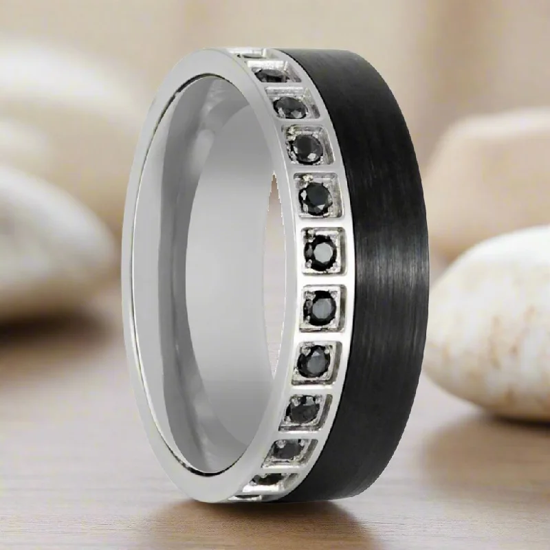 unique wedding rings for women-STRATOS | Black Tungsten Ring, Black Diamond Stimulant CZ