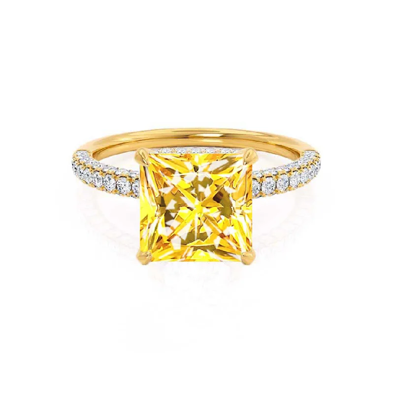 custom diamond engagement rings-COCO - Chatham® Princess Yellow Sapphire & Diamond 18k Yellow Gold Hidden Halo Triple Pavé Shoulder Set