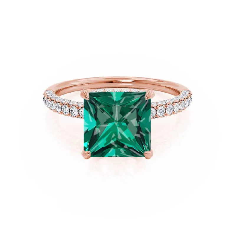 custom engagement rings-COCO - Chatham® Princess Emerald & Diamond 18k Rose Gold Hidden Halo Triple Pavé Shoulder Set