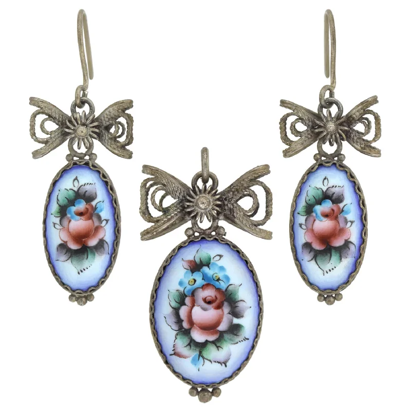 diamond hoop earrings for women-Art Deco Sterling Hand-Painted Porcelain Earrings + Pendant Set