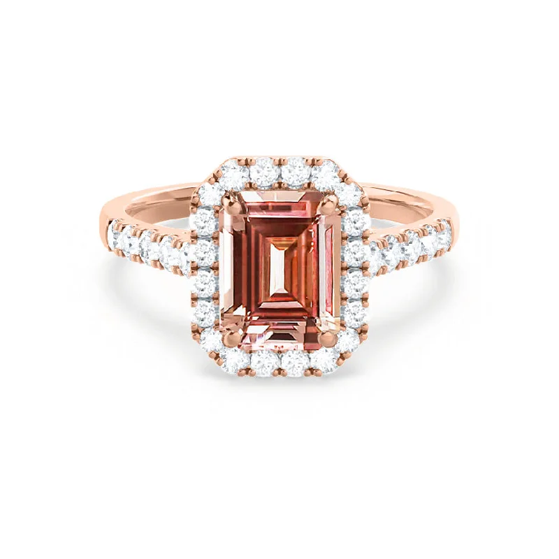 bold gemstone engagement rings-ESME - Chatham® Emerald Lab-Grown Champagne Sapphire & Diamond 18k Rose Gold Halo