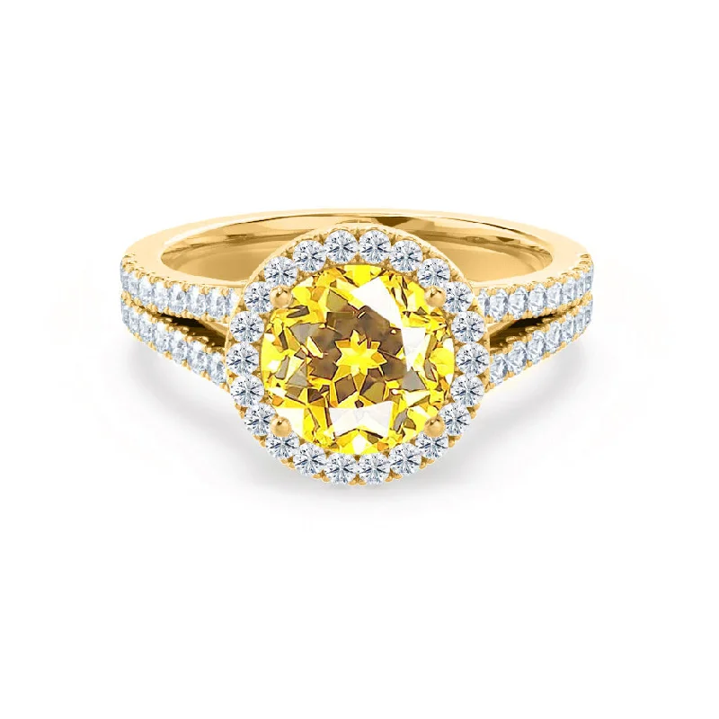 birthstone wedding engagement rings-AMELIA - Chatham® Lab Grown Yellow Sapphire & Diamond 18k Yellow Gold Halo Ring