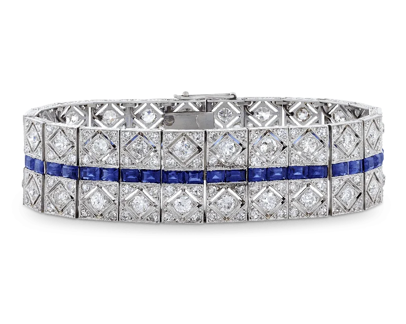 pearl bangle bracelets for women-Art Deco Diamond and Sapphire Bracelet