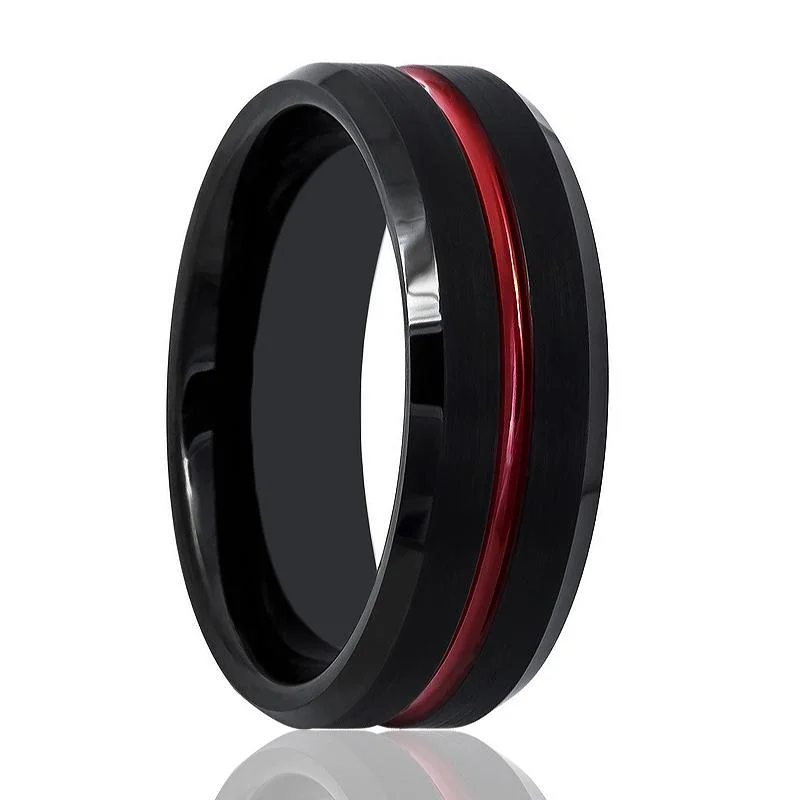 luxury rings for women-ATEN | Black Tungsten Ring, Red Groove, Beveled