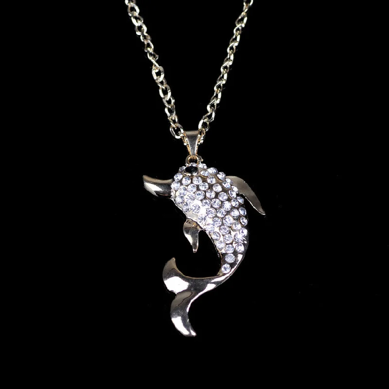 celebrity-style necklaces for women-Beautiful Long Chain Dolphin Necklace and Pendant