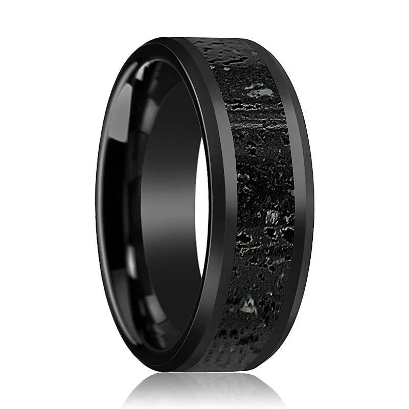 stacking rings for women-VESUVIUS | Black Ceramic Ring, Lava Rock Stone Inlay, Beveled