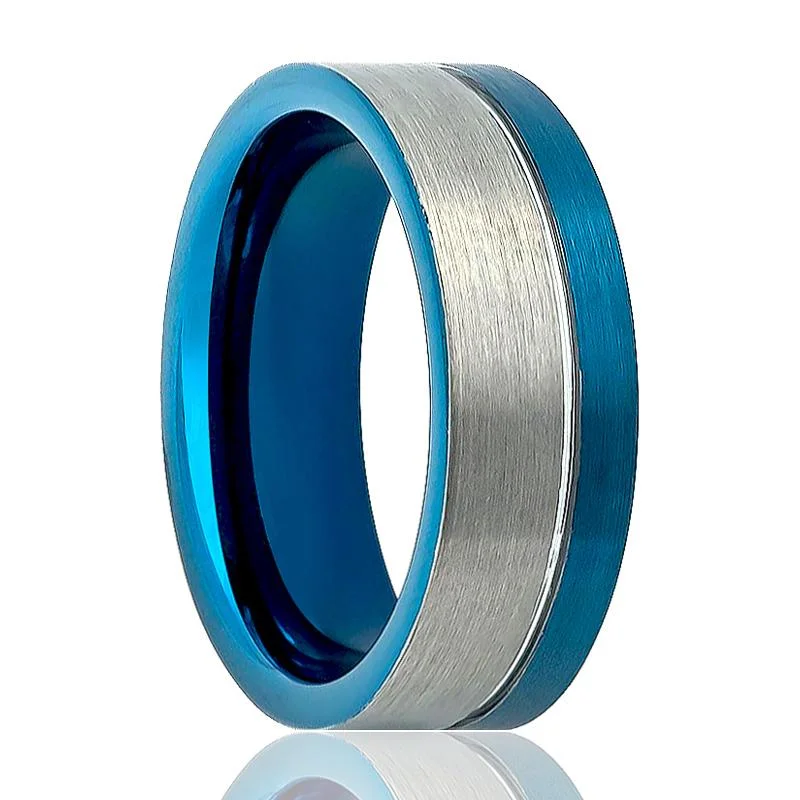 rose gold rings for women-POLAR | Blue Tungsten Ring, Silver Brushed, Off Center Blue Groove, Flat