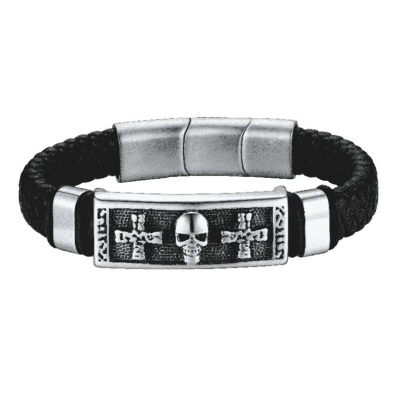 stackable silver bangles for women-Punk Black Skull Braided Leather Bracelet For Men Son Grandson