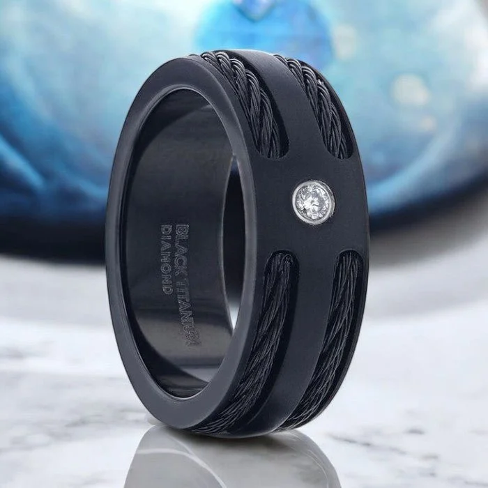 sapphire wedding rings for women-NOIR | Black Titanium Ring, Double Black Rope Inlay, Diamond