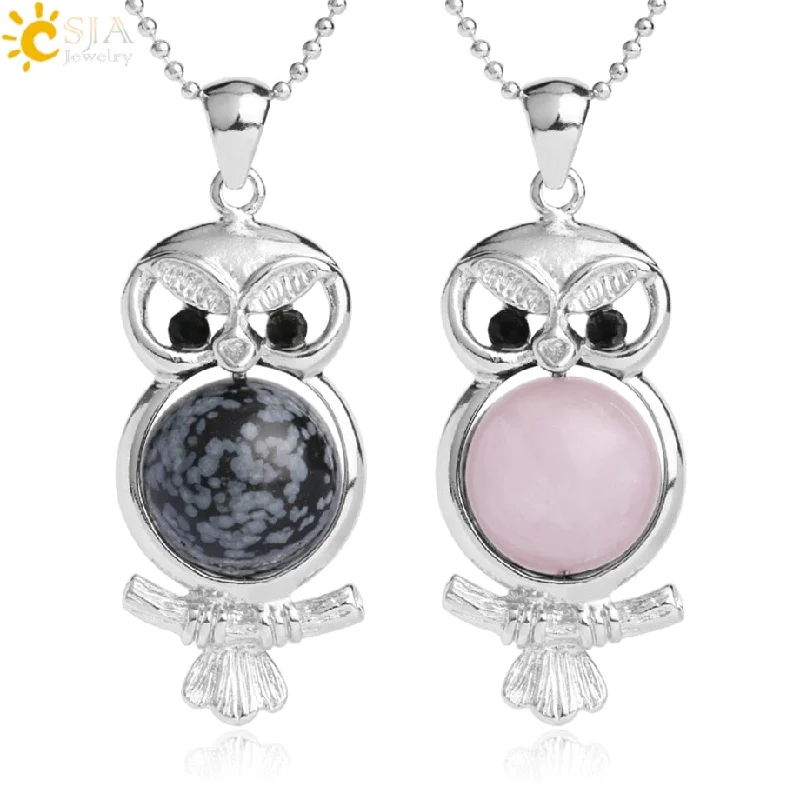 chic necklaces for women-Cute Owl Round Ball Bead Natural Stones Pendant Necklace- Pink Quartz / Snowflake Stone Pendants for Women