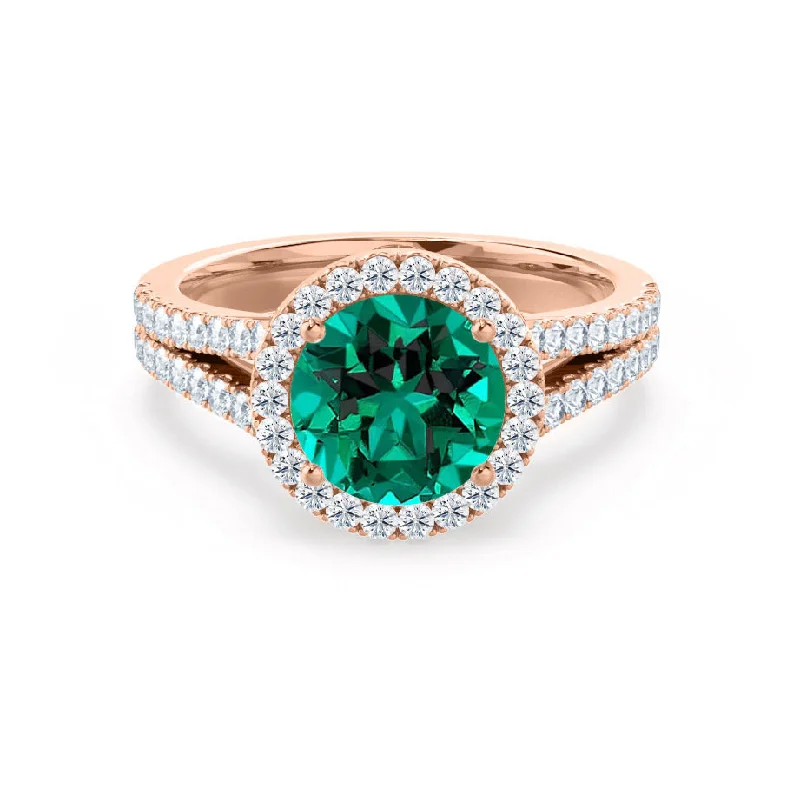 unique modern engagement rings-AMELIA - Chatham® Lab Grown Emerald & Diamond 18k Rose Gold Halo Ring