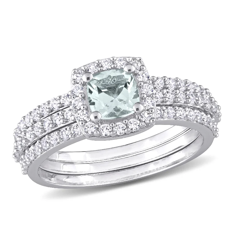 bridal engagement rings-Mimi & Max 1 1/3ct TGW Aquamarine and Created White Sapphire Bridal Three-Ring Set in Sterling Silver