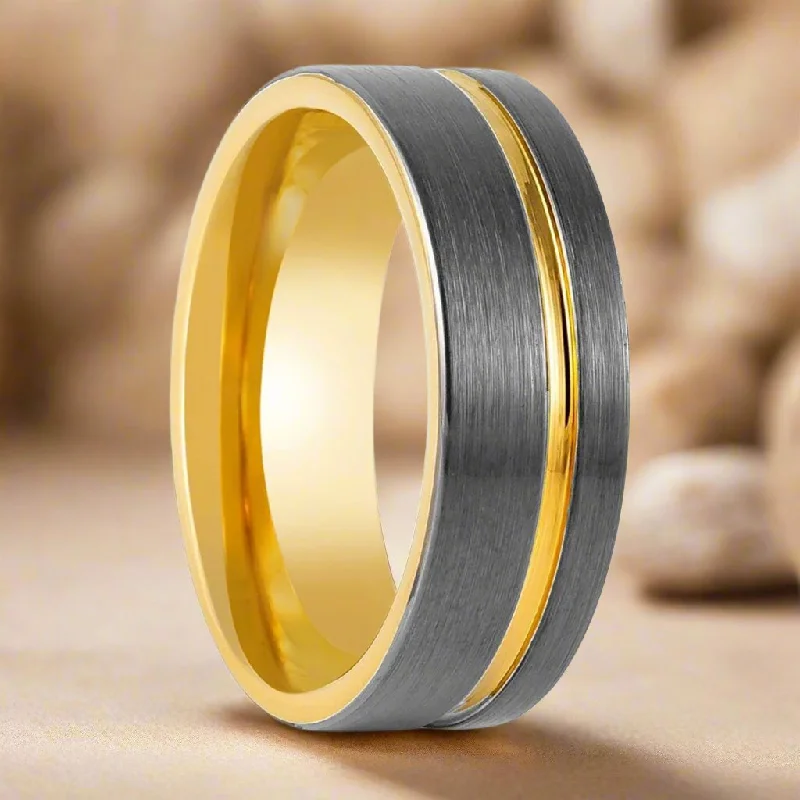 unique diamond rings for women-AFRIDI | Gun Metal Tungsten Ring,  Gold Inside, Offset Gold Groove, Flat