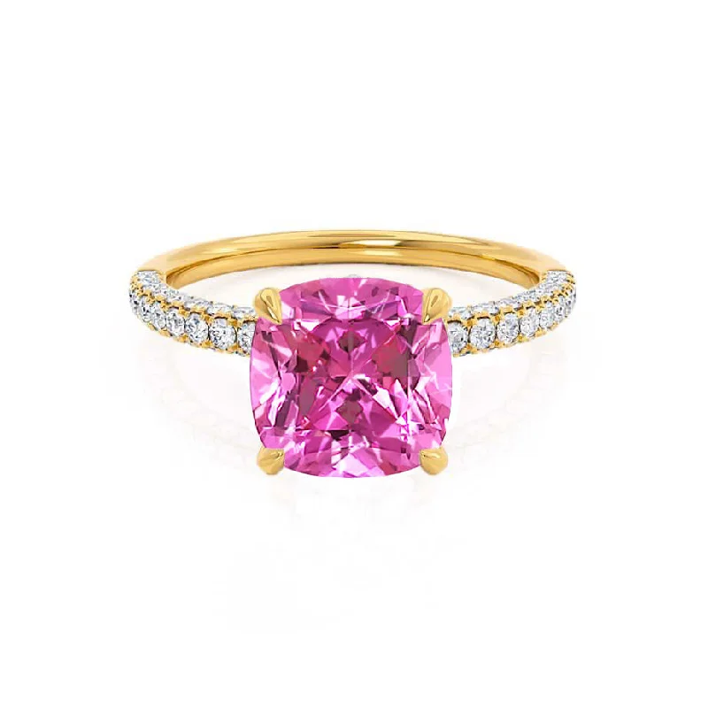 sapphire diamond engagement rings-COCO - Chatham® Cushion Pink Sapphire & Diamond 18k Yellow Gold Hidden Halo Triple Pavé Shoulder Set