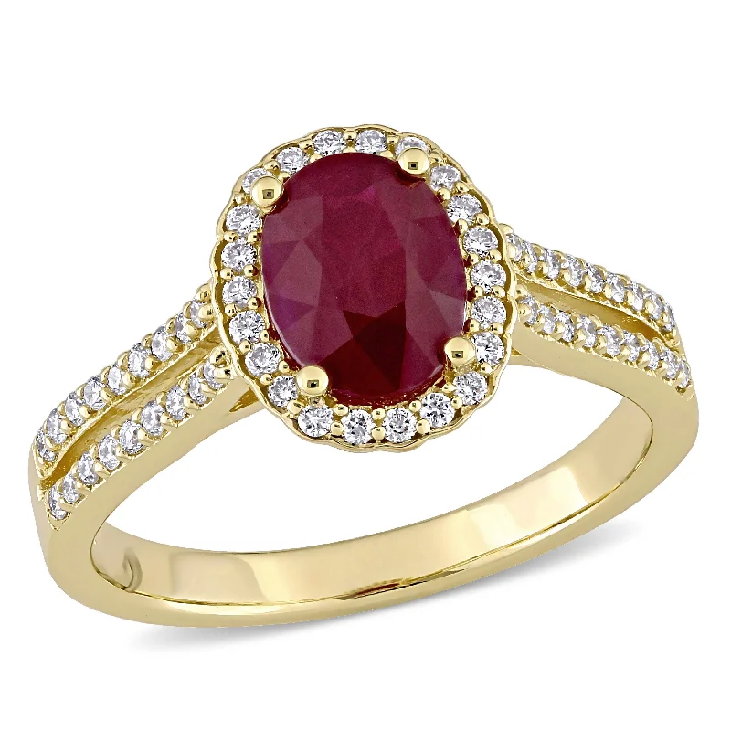 bold gemstone engagement rings-Mimi & Max 1 3/8ct TGW Oval Ruby 1/3ct TW Diamond Halo Double Row Ring 14k Yellow Gold