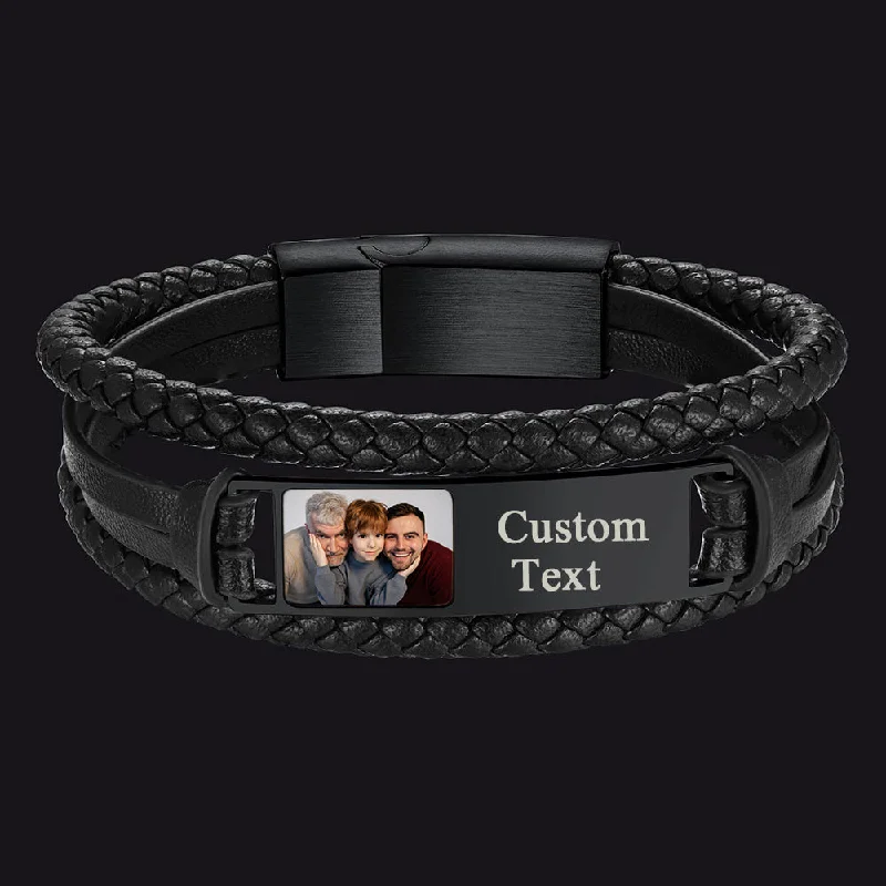 adjustable bracelets for women-Personalized Leather Cuff Bracelet with Picture Gift for Men