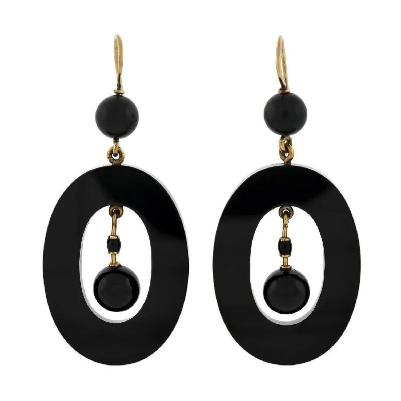 stud earrings for women-Victorian Large 14kt Carved Onyx Oval-Shaped Hoop Earrings