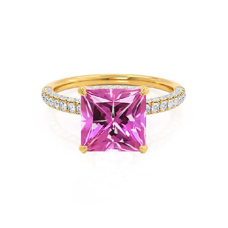 engagement rings with gemstones-COCO - Chatham® Princess Pink Sapphire & Diamond 18k Yellow Gold Hidden Halo Triple Pavé Shoulder Set