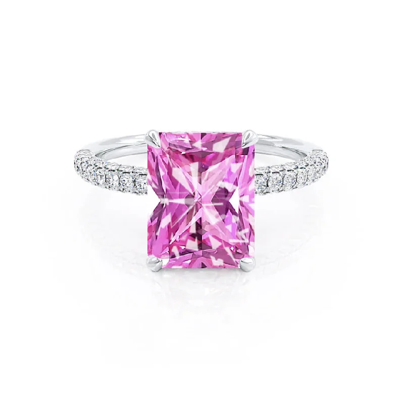 vintage wedding engagement rings-COCO - Chatham®Radiant Pink Sapphire & Diamond 18k White Gold Petite Hidden Halo Triple Pavé Shoulder Set Ring