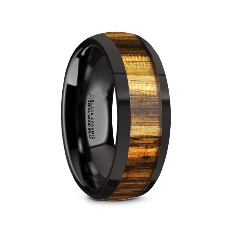 engraved rings for women-ZERRA | Black Ceramic Ring, Zebra Wood Inlay, Domed