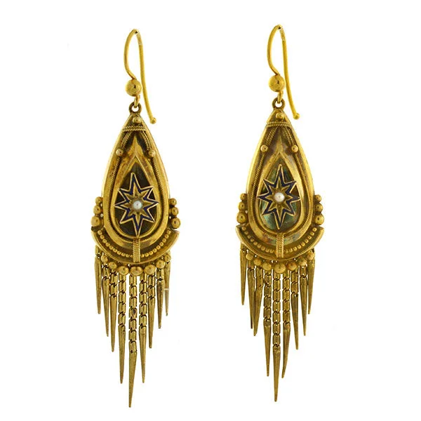 statement earrings for women-Victorian 15kt Pearl Enameled Starburst Foxtail Fringe Earrings