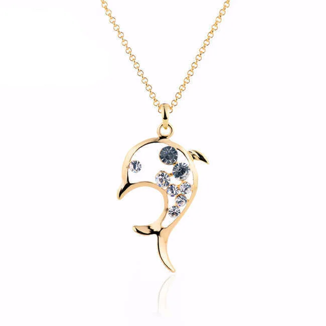 bold necklaces for women-18K Gold Rhinestone Filled Stunning Dolphin Necklace and Pendant