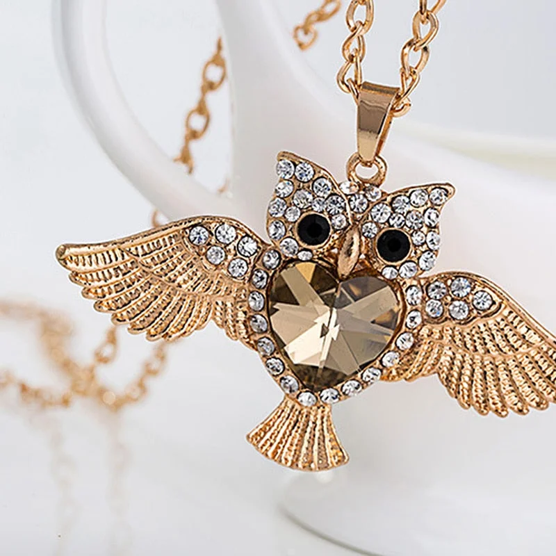 layered necklaces for women-Gold Plated Heart and Crystal Owl Necklace