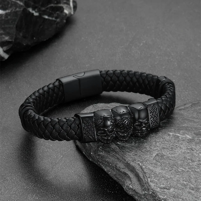 matching bracelets for women-Gothic 3 Skull Braided Leather Bracelet Gift For Men Son Grandson