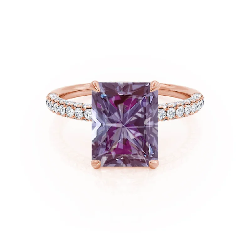 large diamond engagement rings-COCO - Chatham® Radiant Alexandrite & Diamond 18k Rose Gold Petite Hidden Halo Triple Pavé Shoulder Set Ring