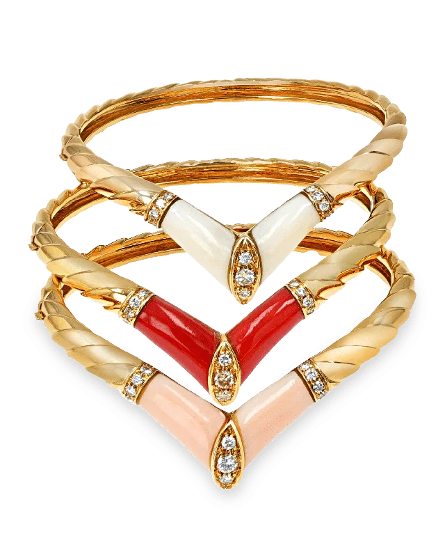 bohemian bracelets for women-Coral and Diamond Bangle Bracelet Set