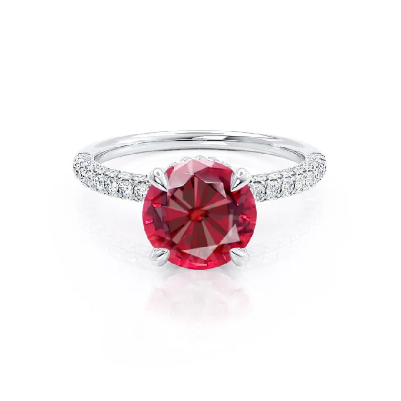 custom-made engagement rings-COCO- Chatham® Round Ruby & Diamond 950 Platinum Petite Hidden Halo Triple Pavé Shoulder Set Ring